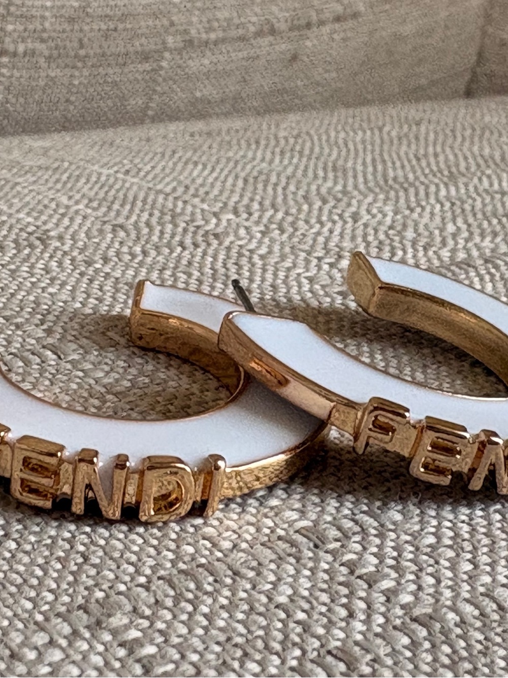 Fendi White and Gold Logo Hoop Earrings with Raised Lettering - Picture 3 of 5